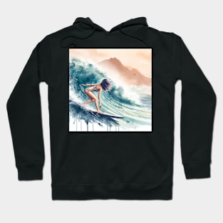 Abstract looking illustration of a woman surfing in a bikini in tropical waters. Hoodie